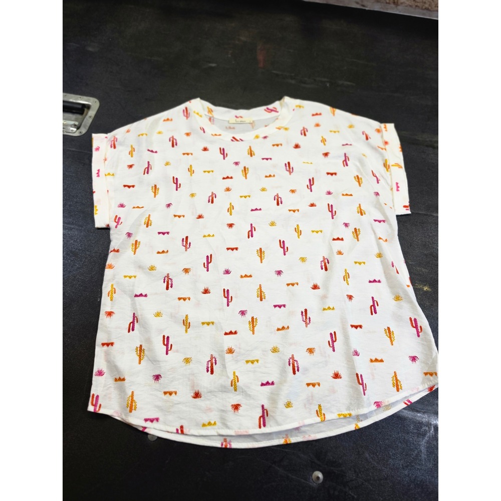 Les Amis Womens Cactus Print Short Sleeve Blouse White Pink Orange T1767-A M